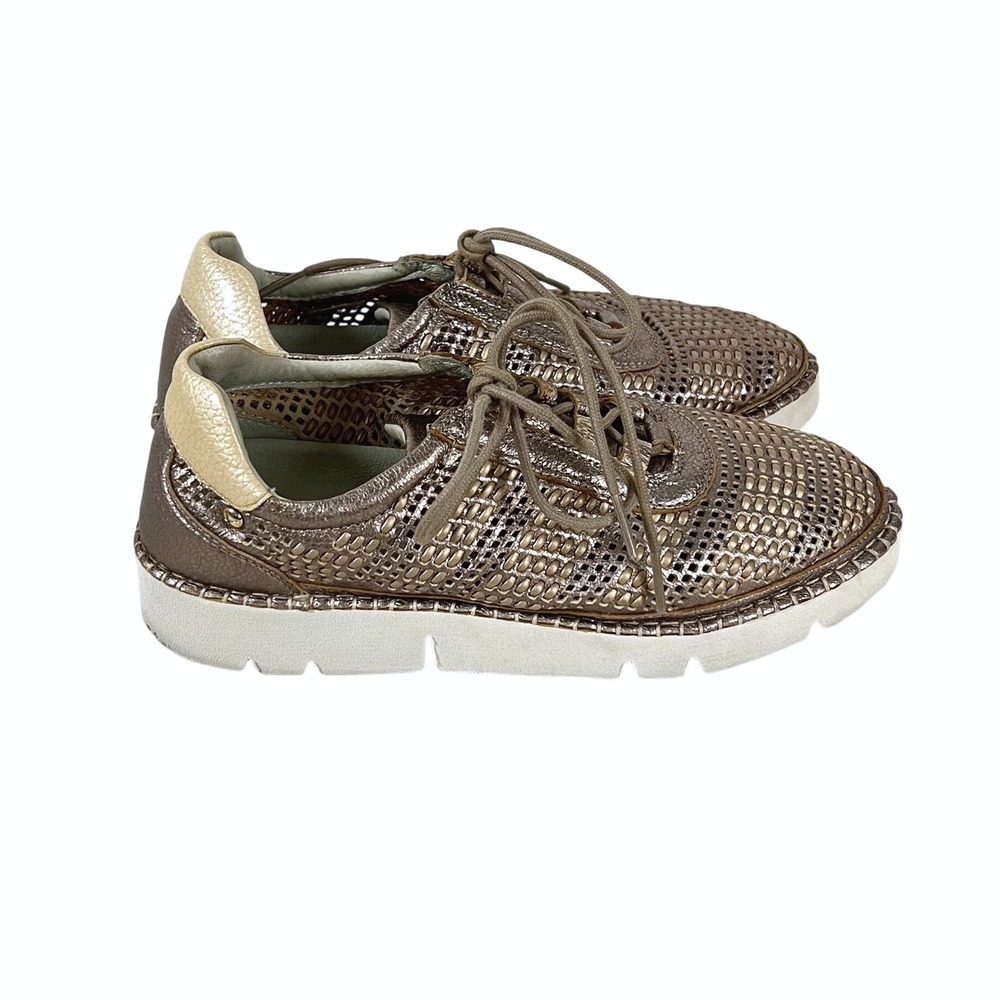 Pikolinos Metallic Gold Perforated Genuine Leather Lace‎ Up Sneakers US 37 7